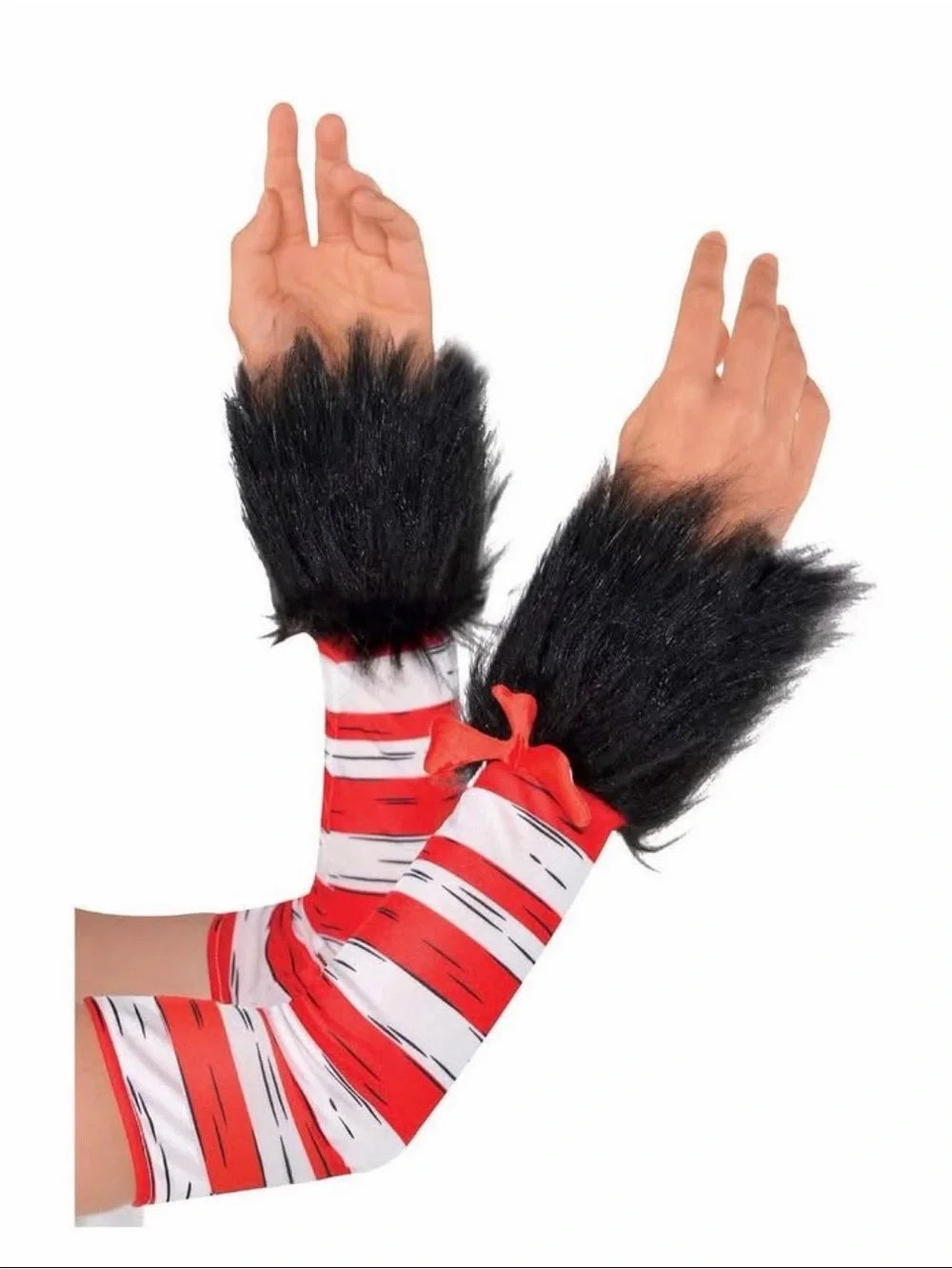 Rubie's Red and White Striped Werewolf Arm Warmers with Black Fur Cuffs - Picture 3 of 5
